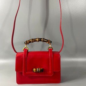 Vintage Reina Made in Italy Red Italian Leather Bamboo Top-Handle Satchel Bag